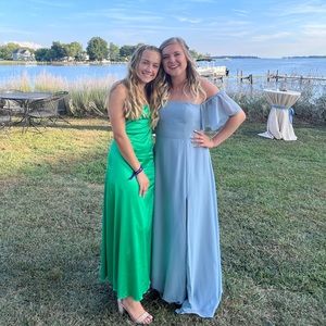 Azazie dusty blue bridesmaid dress.  Off the shoulders.